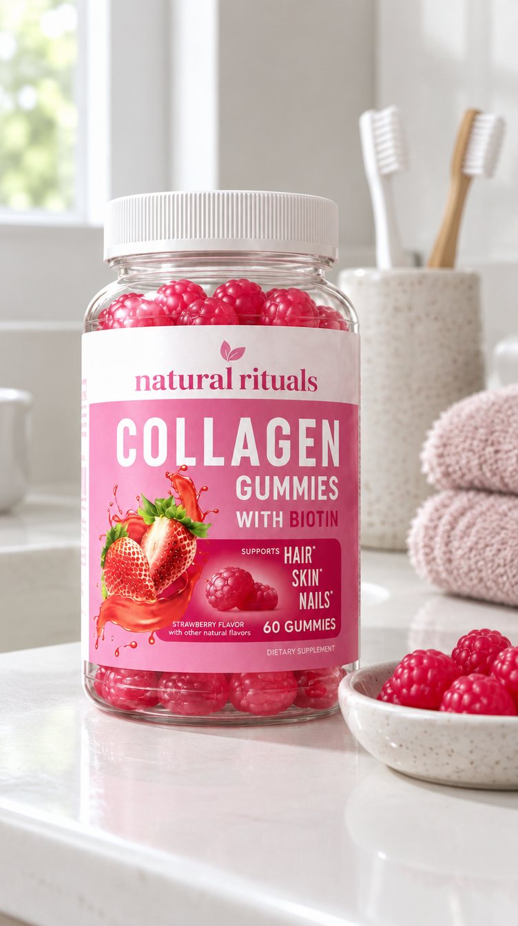 Natural Rituals Collagen Gummies on a bathroom counter