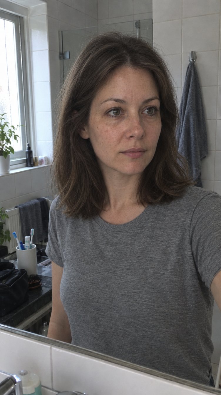 Woman checking her hair in a bathroom mirror